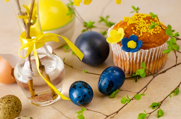 Muffins de Páscoa, flores amarelas e ovos de codorna Páscoa azul