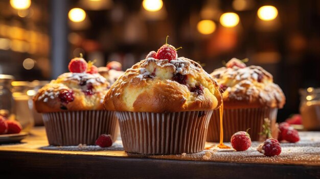 Muffins dulces con papas fritas de chocolate con luz cinematográfica y fondo borroso