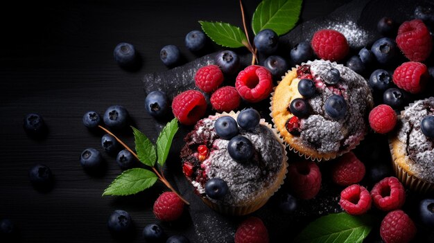 Muffins duplos de chocolate com framboesa e uma xícara de café em ambiente rústico Foto de alta qualidade