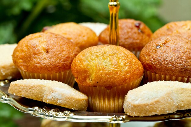 Muffins e biscoitos no close-up da bandeja