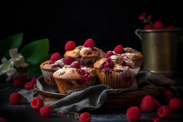Muffins de frambuesa con frambuesas frescas en una mesa cerca de fondo oscuro Un delicioso postre o desayuno generado por IA