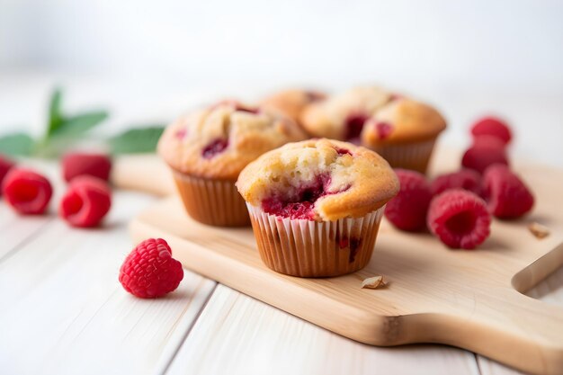 Muffins de frambuesa con frambuesas frescas en una mesa de madera blanca de cerca Un delicioso postre o desayuno generado por IA