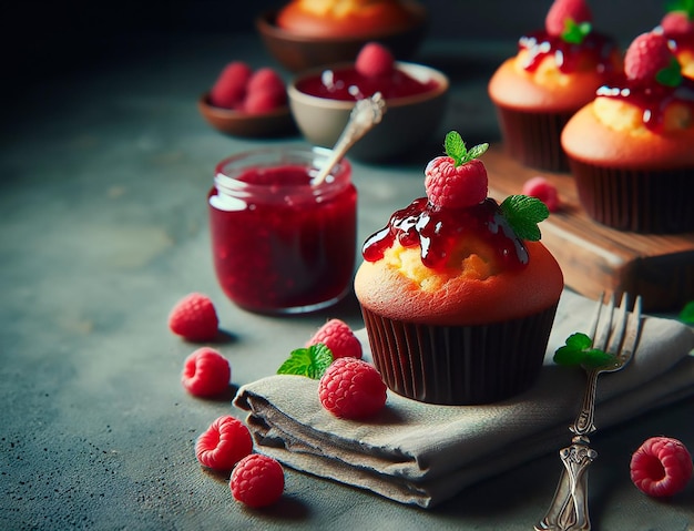 Foto los muffins con frambuesas están en un plato