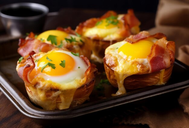 Muffins de huevo y tocino al horno, merienda de queso, comida vegetal con espinacas dietéticas Generar IA