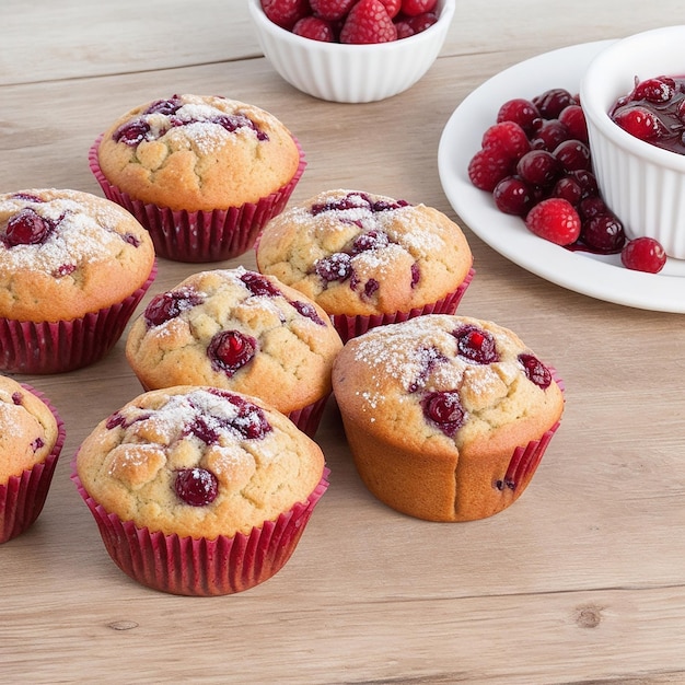 Muffins en una mesa de madera con un plato de mermelada de frambuesa y marmelada de arándano