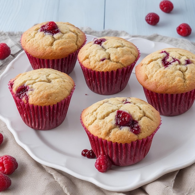 Muffins en una mesa de madera con un plato de mermelada de frambuesa y marmelada de arándano