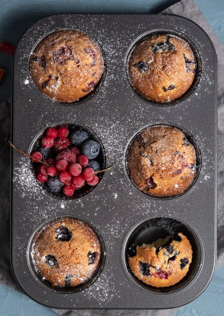 Muffins mirtilo redberry caseiro bolo cozido vista superior