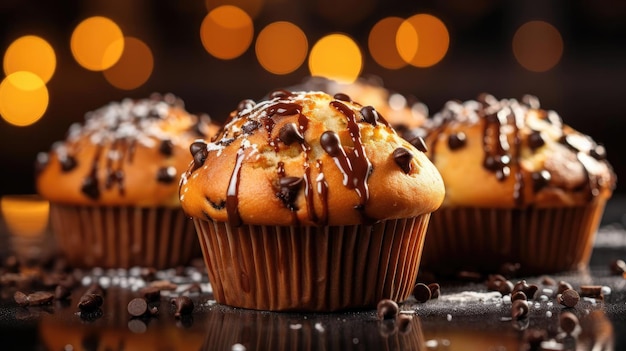 Muffins mit Schokoladengeschmack auf dem Tisch mit unscharfem Hintergrund