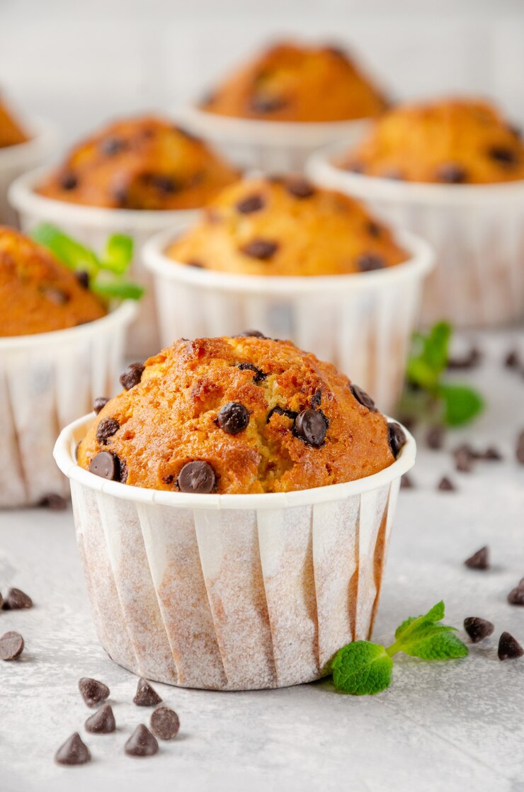 Muffins mit Schokoladenstückchen auf einem grauen Betonhintergrund. Speicherplatz kopieren.