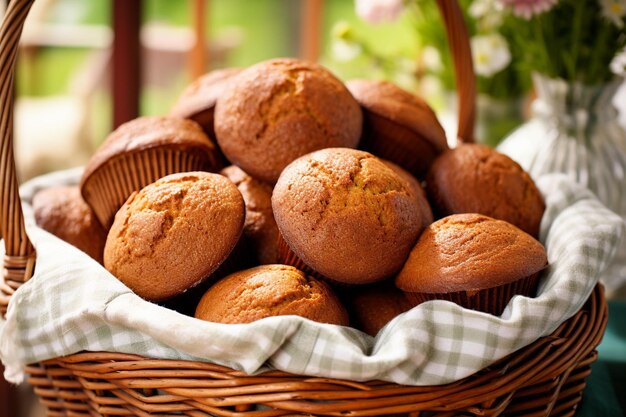 Muffins de pastel de zanahorias dispuestos en una caja de madera en un mercado de agricultores