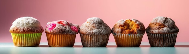 Foto muffins de pie sobre fondo rosa blanco degradado ia generativa panorámica amplia