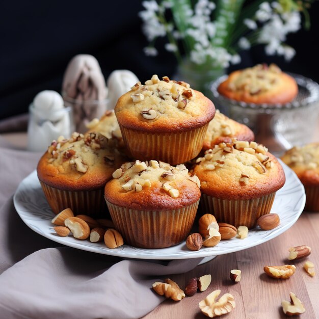 Muffins de plátano y nueces recién horneados