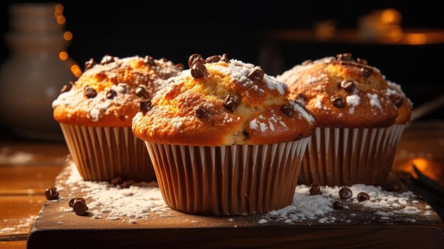 Muffins con sabor a chocolate sobre la mesa con fondo borroso