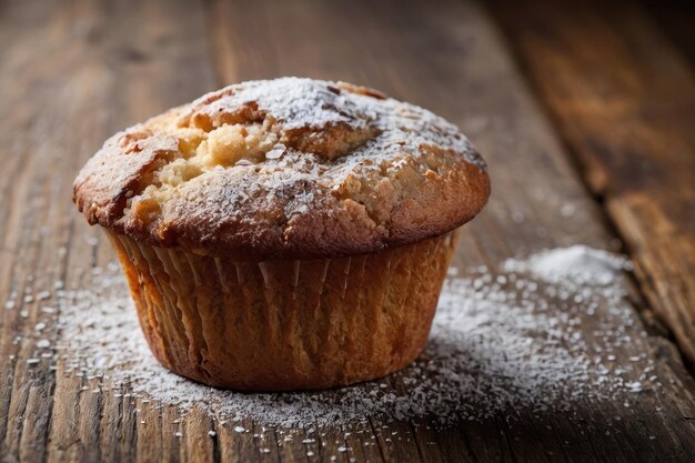 Muffins saborosos em pó com açúcar em uma mesa de madeira em close-up