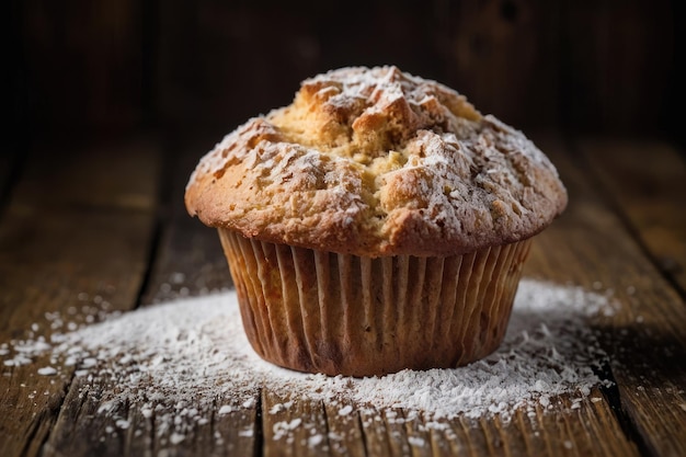 Muffins saborosos em pó com açúcar em uma mesa de madeira em close-up