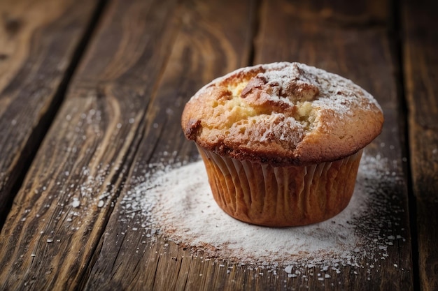 Muffins saborosos em pó com açúcar em uma mesa de madeira em close-up