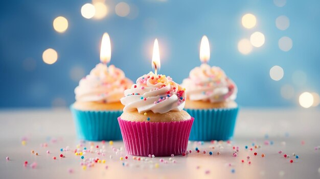 Muffins saborosos para aniversário em fundo colorido