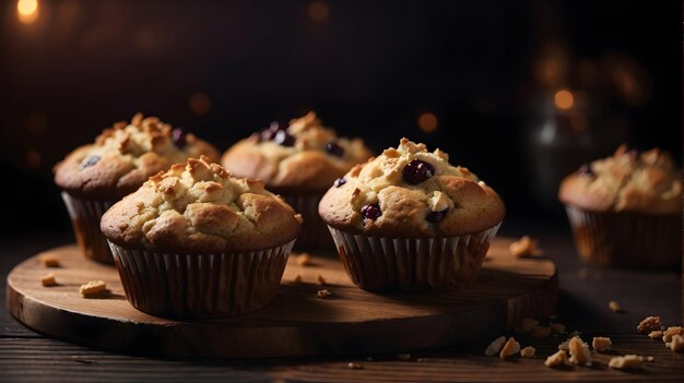 muffins sobre una base de madera sobre un fondo oscuro