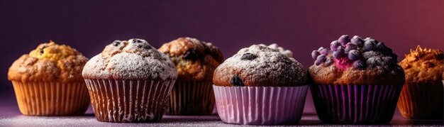 Foto muffins stehen auf einem weißen, violetten hintergrund mit breitem panorama und generativer ki