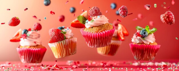 Muffins voadores decorados com frutas em fundo vermelho