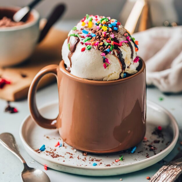 Mug cake de chocolate con helado y confites festivos