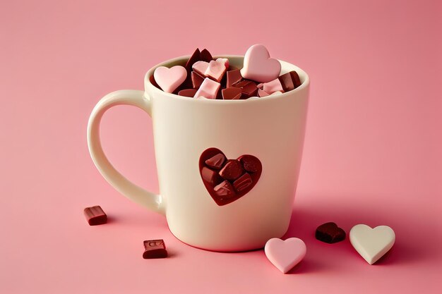 Mug con corazones de azúcar y chocolate sobre fondo rosa Generative Ai