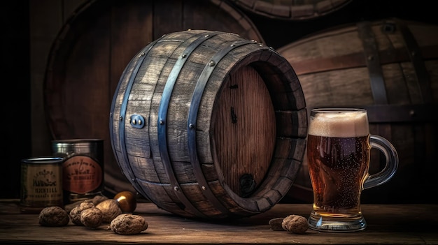 Foto mug of beer with wheat barley and barrels on background still life copy space ai generated