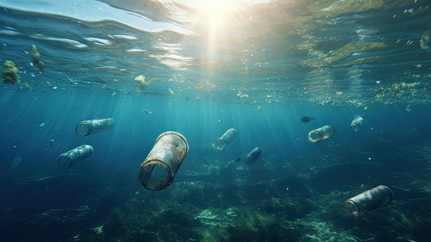 Muita poluição de garrafas plásticas de água no conceito de proteção ambiental oceânica Generetive AI