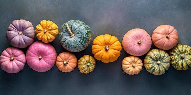 Muitas abóboras diferentes em um fundo pastel para o dia de Halloween