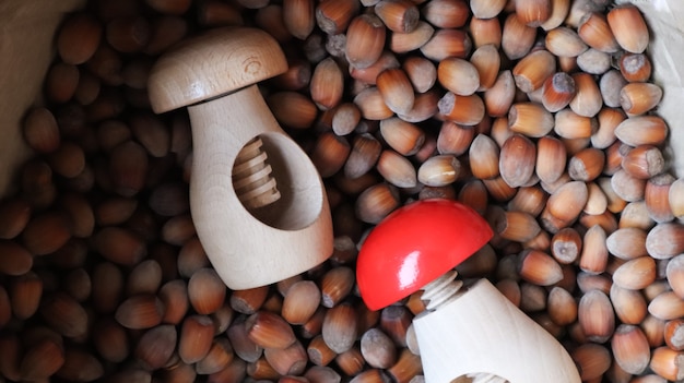 Muitas avelãs na serapilheira com um quebra-nozes de madeira em forma de cogumelo. Fundo de comida de avelã. Um grande número de nozes em um saco com biscoitos. Nozes picadoras e alimentos crus saudáveis.