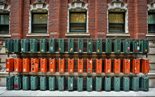 muitas caixas de correio verdes e laranjas no lado de um edifício em Nova York