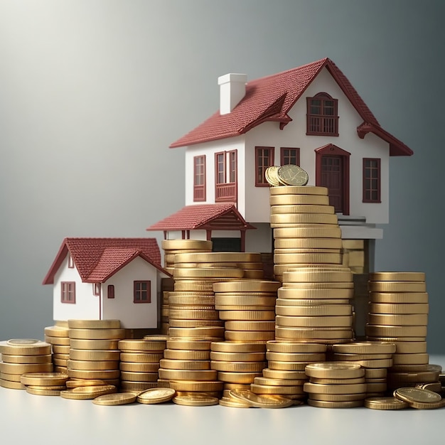 Muitas casas com muita ideia de pilha de moedas para imposto de renda de investimento imobiliário e renda passiva Generative AI