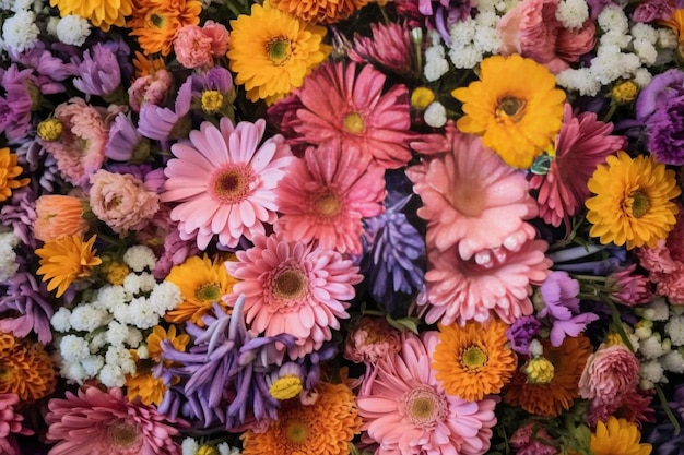 Muitas cores diferentes no suporte ou na mesa de madeira na loja de flores Showcase Backg Generative AI