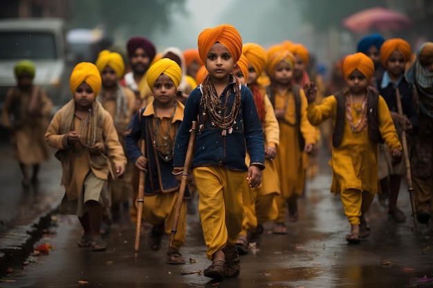 Muitas crianças usando turbantes amarelos andando pela rua