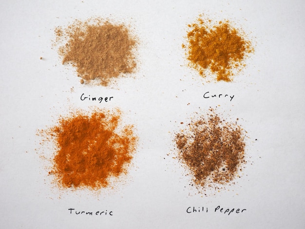 Muitas especiarias, incluindo Ginger Curry Turmeric e Chili Pepper