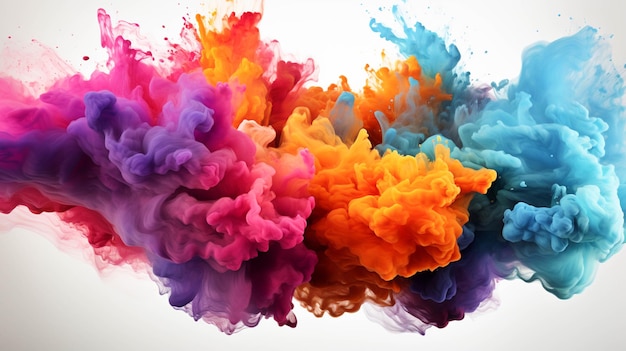 Muitas explosões de pólvora coloridas em fundo branco Manchas de tinta multicolorida