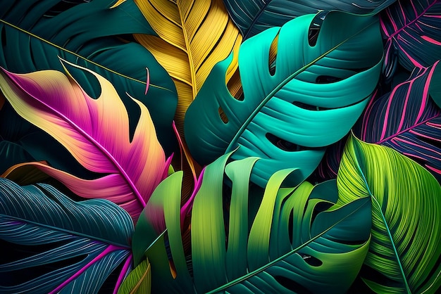 Muitas folhas tropicais coloridas fundo Ai generative