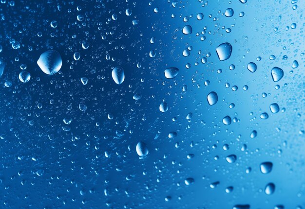 Muitas gotas de água em fundo de textura azul