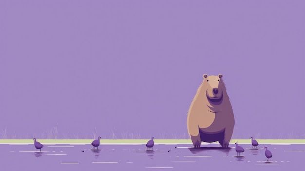 Muitas ilustrações minimalistas com capíbaras na cor lavanda.