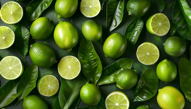 Foto muitas limas frescas com folhas verdes como fundo vista de cima