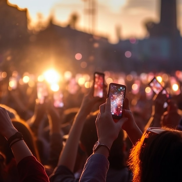 Muitas mãos com o smartphone ligado para gravar ou tirar fotos ou filmar durante um concerto ao vivo ou festival de música vista traseira da luz de verão