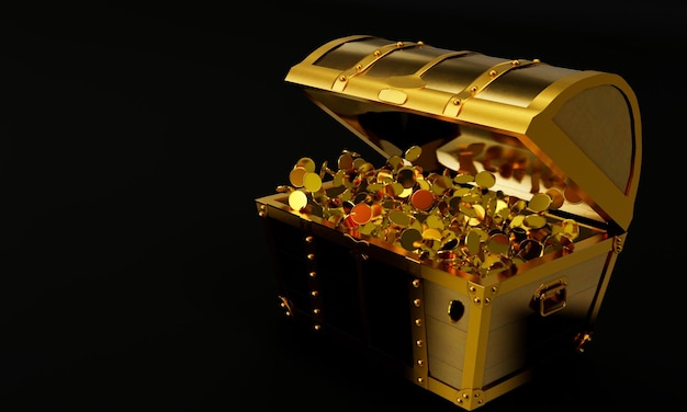 Muitas moedas de ouro distribuídas voaram do cofre do tesouro Um cofre do Tesouro feito de ouro luxuoso caro Uma caixa de tesouro antiga aberta com moedas de oro ejetadas Rendering 3D