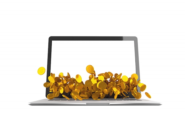 Muitas moedas derramando fora do laptop em fundo branco. Ilustração 3D