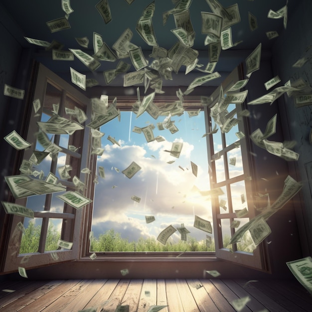 Muitas notas de dinheiro voando através da janela aberta imagem Ai gerado arte