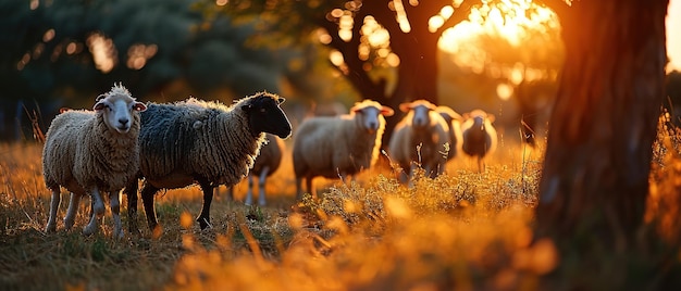 muitas ovelhas em pé em um campo ao pôr do sol