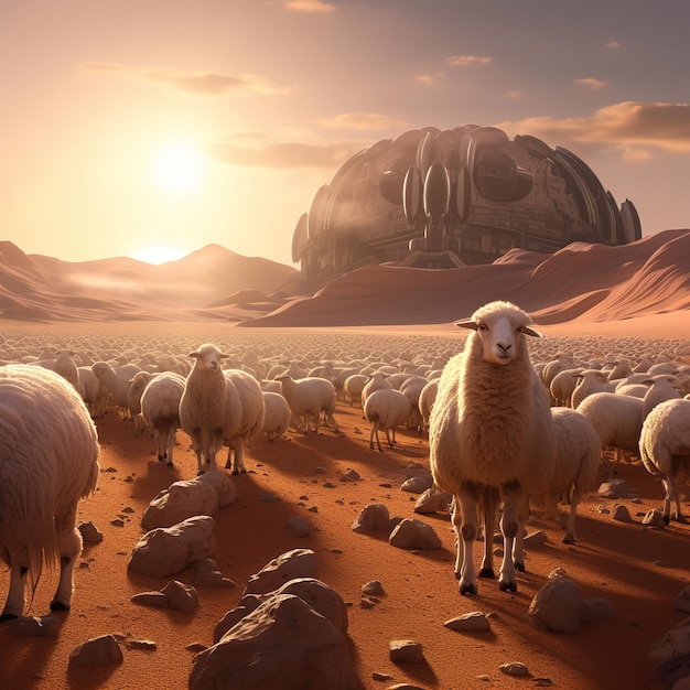 muitas ovelhas em uma área deserta com uma montanha ao fundo