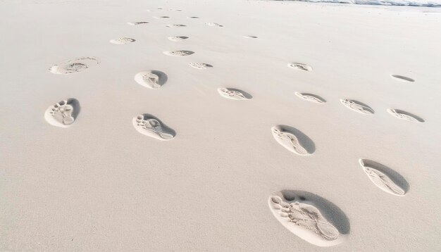 Muitas pegadas na areia branca da praia.
