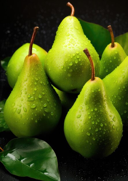 Muitas peras verdes maduras frescas com gotas de água detalhadas conceito de comida saudável Generative Ai