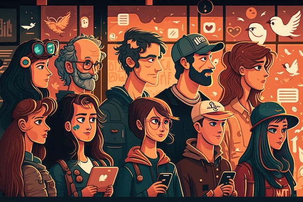 Muitas pessoas Conceito de rede social Linda ilustração colorida Estilo vetorial IA generativa