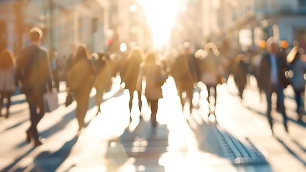 Muitas pessoas de negócios caminhando na cidade de Londres imagem desfocada panorâmica larga v IA generativa